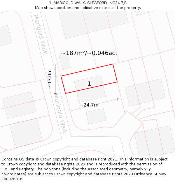 1, MARIGOLD WALK, SLEAFORD, NG34 7JR: Plot and title map