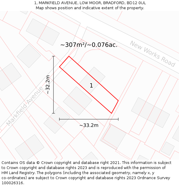 1, MARKFIELD AVENUE, LOW MOOR, BRADFORD, BD12 0UL: Plot and title map