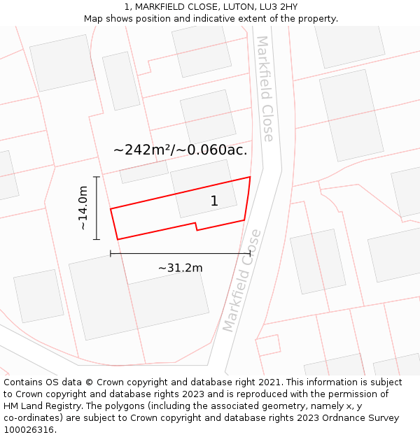 1, MARKFIELD CLOSE, LUTON, LU3 2HY: Plot and title map