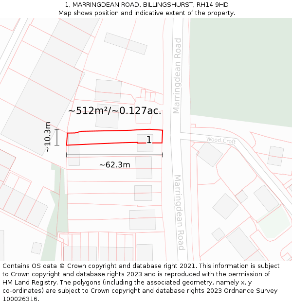 1, MARRINGDEAN ROAD, BILLINGSHURST, RH14 9HD: Plot and title map