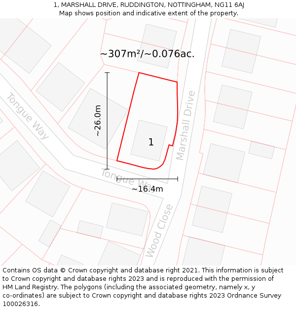 1, MARSHALL DRIVE, RUDDINGTON, NOTTINGHAM, NG11 6AJ: Plot and title map