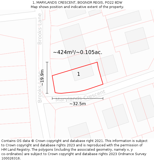 1, MARYLANDS CRESCENT, BOGNOR REGIS, PO22 8DW: Plot and title map