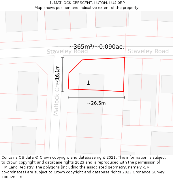 1, MATLOCK CRESCENT, LUTON, LU4 0BP: Plot and title map