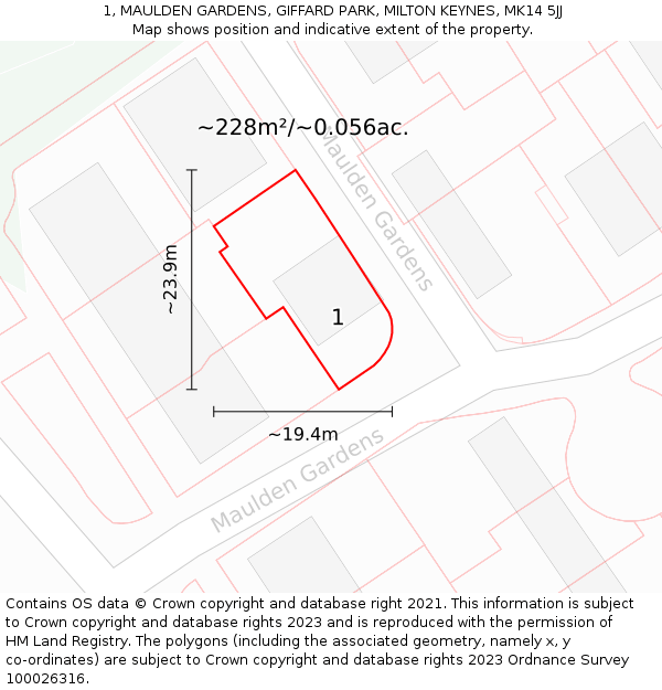 1, MAULDEN GARDENS, GIFFARD PARK, MILTON KEYNES, MK14 5JJ: Plot and title map