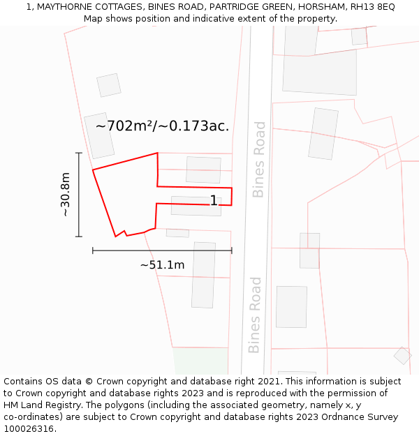 1, MAYTHORNE COTTAGES, BINES ROAD, PARTRIDGE GREEN, HORSHAM, RH13 8EQ: Plot and title map