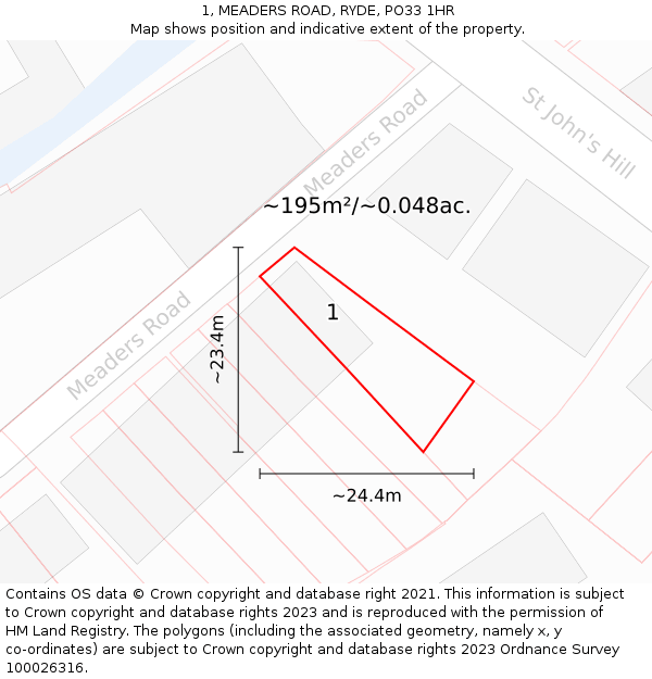 1, MEADERS ROAD, RYDE, PO33 1HR: Plot and title map