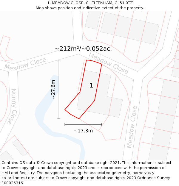 1, MEADOW CLOSE, CHELTENHAM, GL51 0TZ: Plot and title map