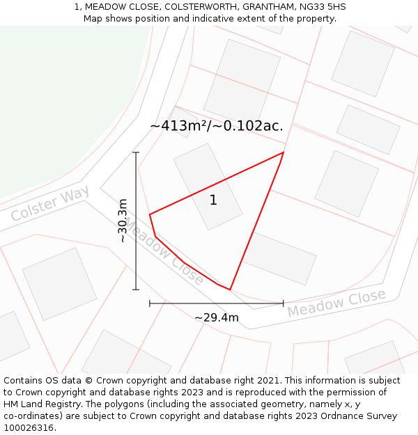 1, MEADOW CLOSE, COLSTERWORTH, GRANTHAM, NG33 5HS: Plot and title map