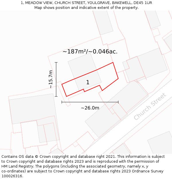 1, MEADOW VIEW, CHURCH STREET, YOULGRAVE, BAKEWELL, DE45 1UR: Plot and title map