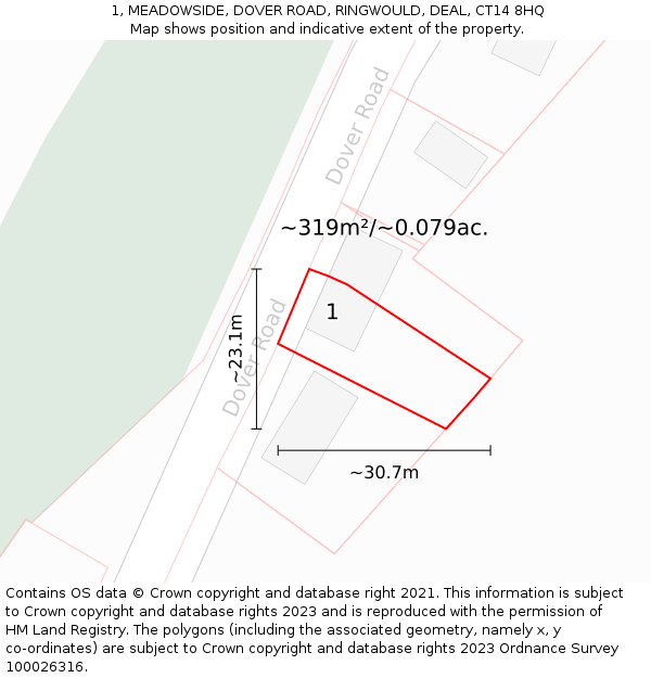 1, MEADOWSIDE, DOVER ROAD, RINGWOULD, DEAL, CT14 8HQ: Plot and title map