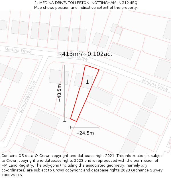 1, MEDINA DRIVE, TOLLERTON, NOTTINGHAM, NG12 4EQ: Plot and title map