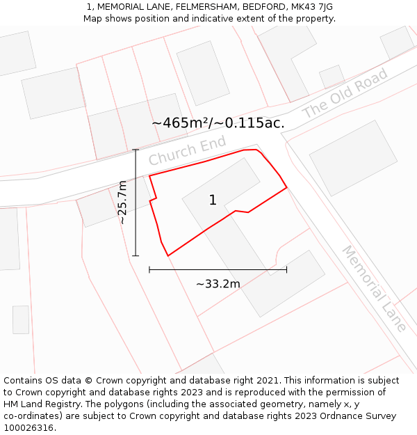 1, MEMORIAL LANE, FELMERSHAM, BEDFORD, MK43 7JG: Plot and title map