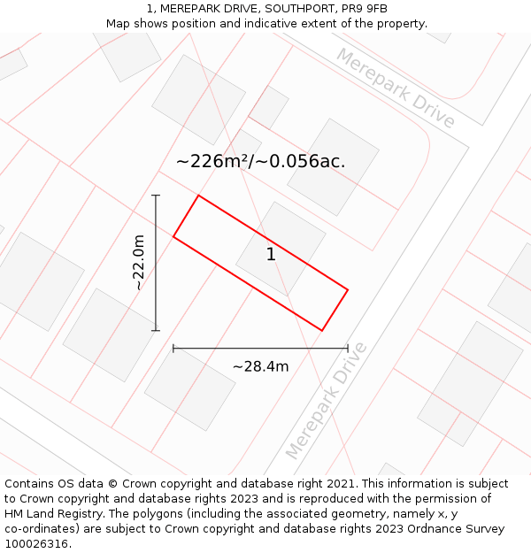 1, MEREPARK DRIVE, SOUTHPORT, PR9 9FB: Plot and title map