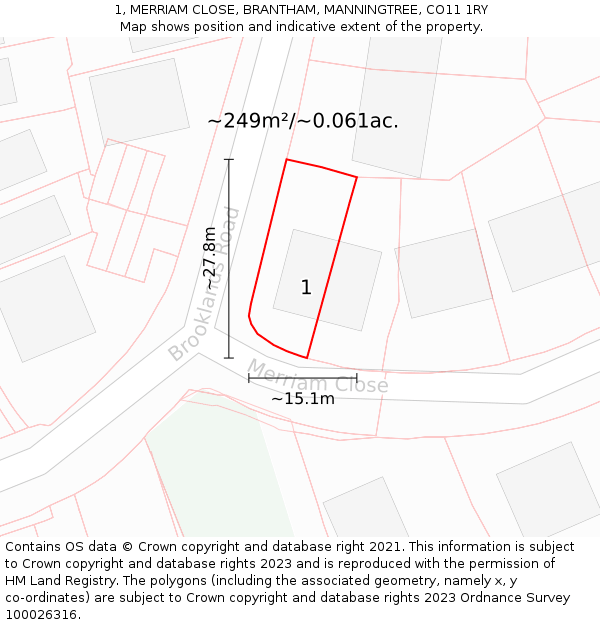 1, MERRIAM CLOSE, BRANTHAM, MANNINGTREE, CO11 1RY: Plot and title map