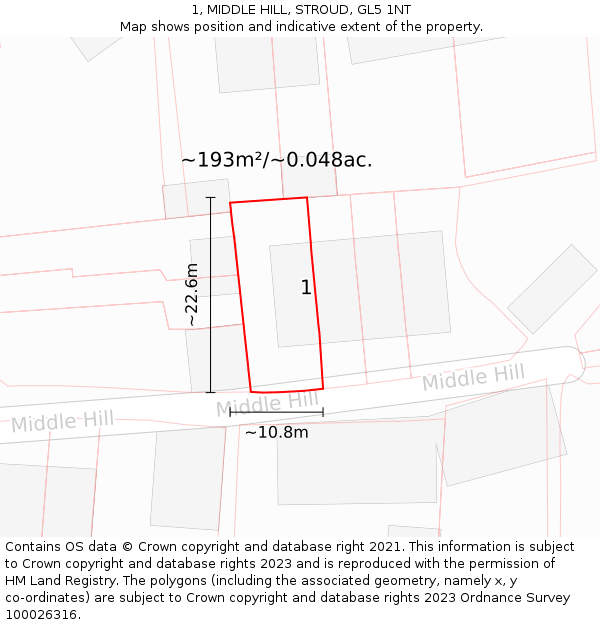 1, MIDDLE HILL, STROUD, GL5 1NT: Plot and title map