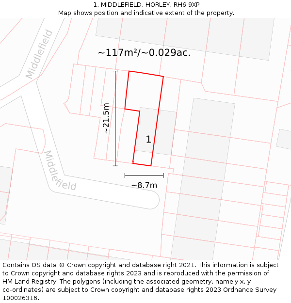 1, MIDDLEFIELD, HORLEY, RH6 9XP: Plot and title map