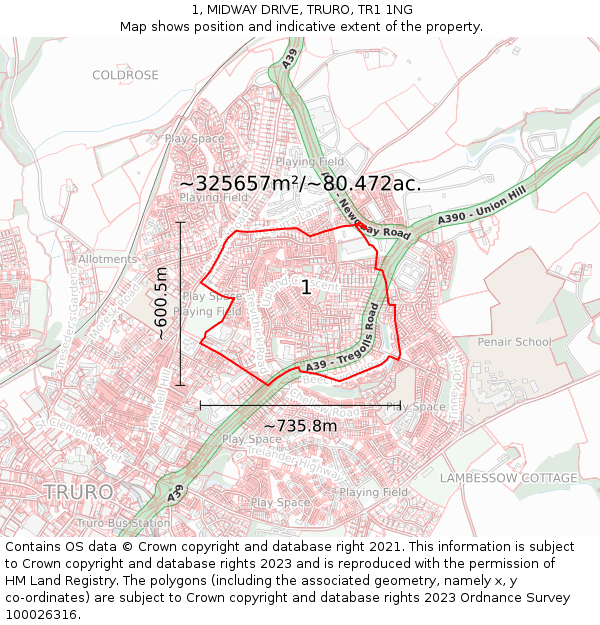 1, MIDWAY DRIVE, TRURO, TR1 1NG: Plot and title map