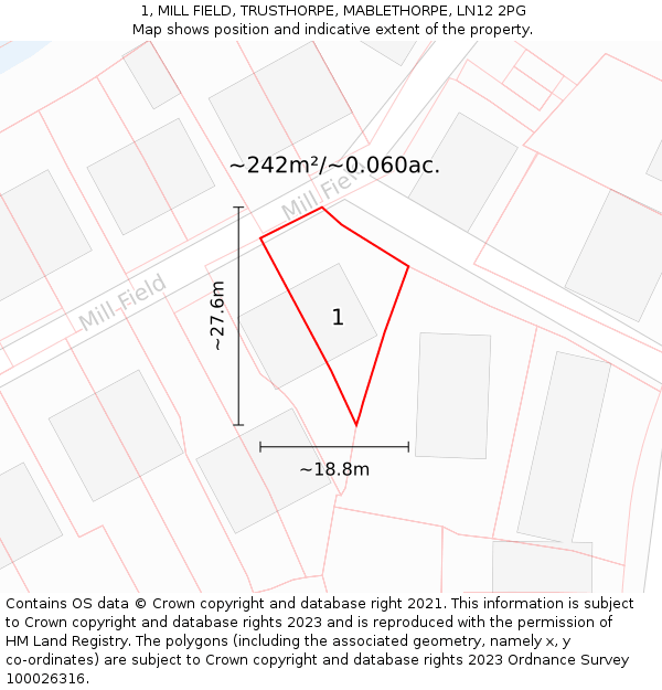 1, MILL FIELD, TRUSTHORPE, MABLETHORPE, LN12 2PG: Plot and title map