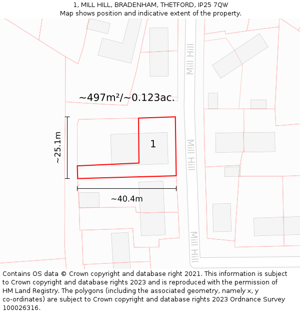 1, MILL HILL, BRADENHAM, THETFORD, IP25 7QW: Plot and title map