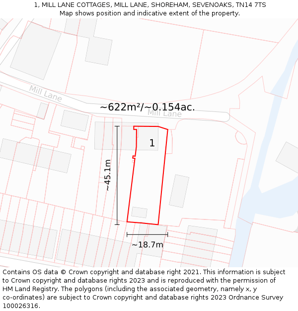 1, MILL LANE COTTAGES, MILL LANE, SHOREHAM, SEVENOAKS, TN14 7TS: Plot and title map