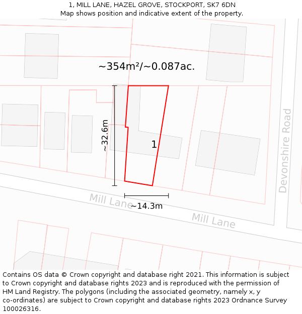 1, MILL LANE, HAZEL GROVE, STOCKPORT, SK7 6DN: Plot and title map