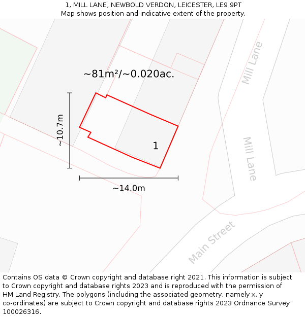 1, MILL LANE, NEWBOLD VERDON, LEICESTER, LE9 9PT: Plot and title map