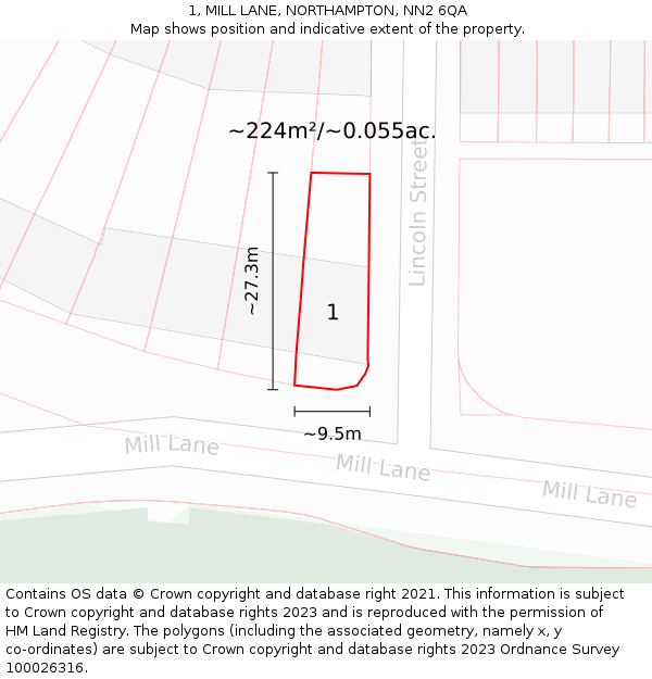 1, MILL LANE, NORTHAMPTON, NN2 6QA: Plot and title map