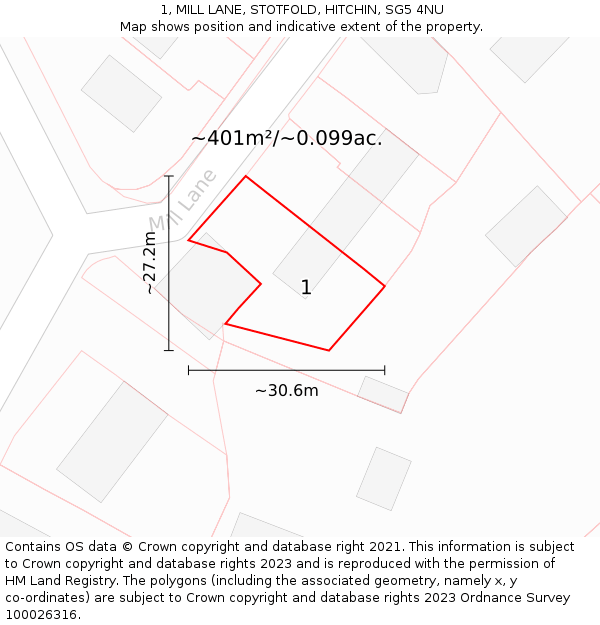 1, MILL LANE, STOTFOLD, HITCHIN, SG5 4NU: Plot and title map