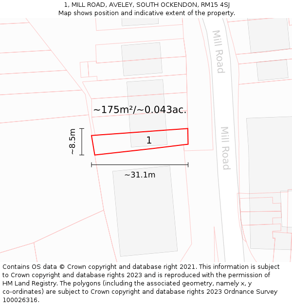 1, MILL ROAD, AVELEY, SOUTH OCKENDON, RM15 4SJ: Plot and title map