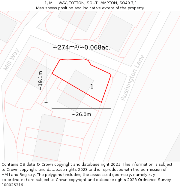 1, MILL WAY, TOTTON, SOUTHAMPTON, SO40 7JF: Plot and title map