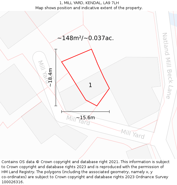 1, MILL YARD, KENDAL, LA9 7LH: Plot and title map