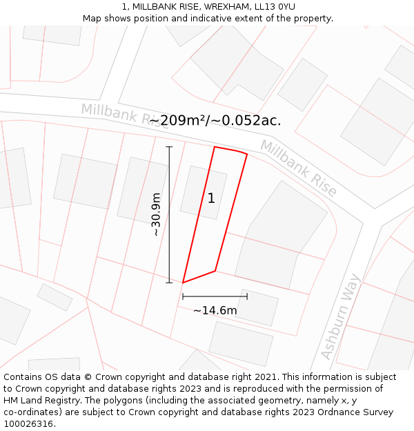 1, MILLBANK RISE, WREXHAM, LL13 0YU: Plot and title map