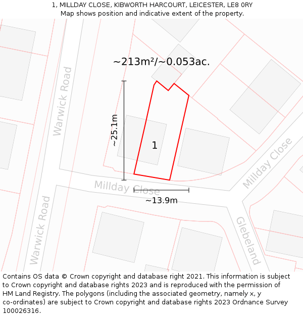 1, MILLDAY CLOSE, KIBWORTH HARCOURT, LEICESTER, LE8 0RY: Plot and title map