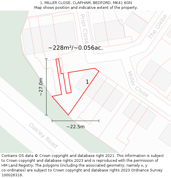 1, MILLER CLOSE, CLAPHAM, BEDFORD, MK41 6GN: Plot and title map