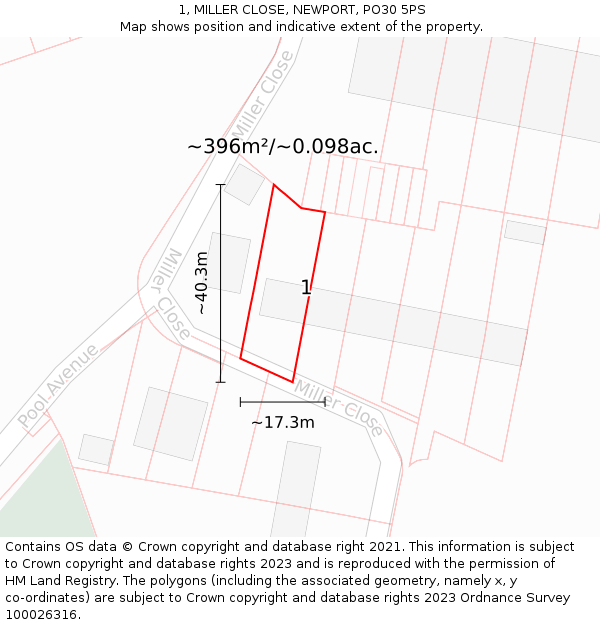 1, MILLER CLOSE, NEWPORT, PO30 5PS: Plot and title map