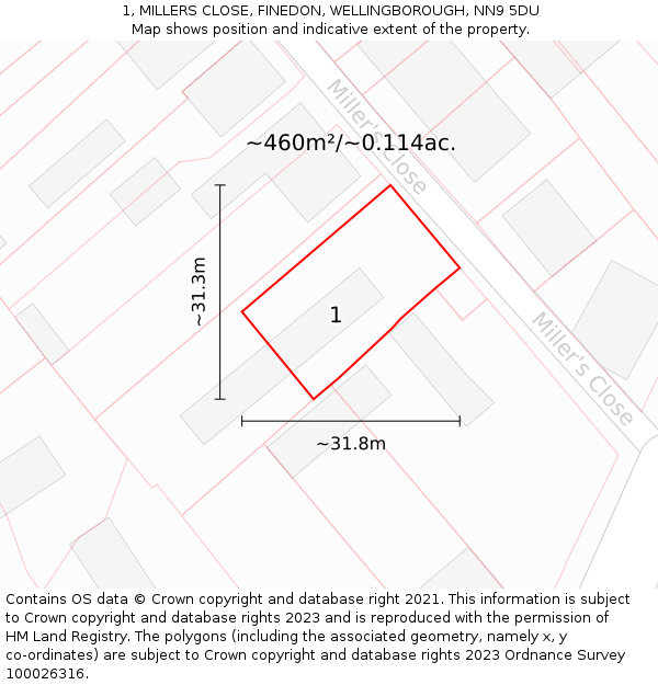 1, MILLERS CLOSE, FINEDON, WELLINGBOROUGH, NN9 5DU: Plot and title map