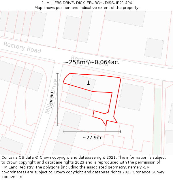 1, MILLERS DRIVE, DICKLEBURGH, DISS, IP21 4PX: Plot and title map