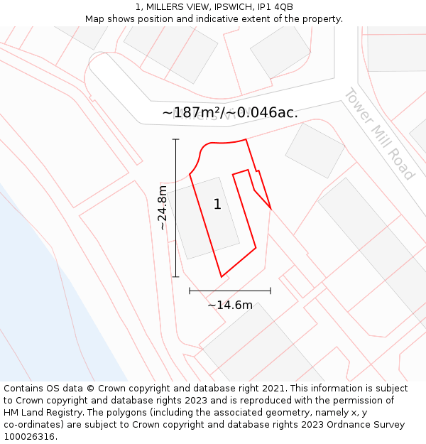 1, MILLERS VIEW, IPSWICH, IP1 4QB: Plot and title map