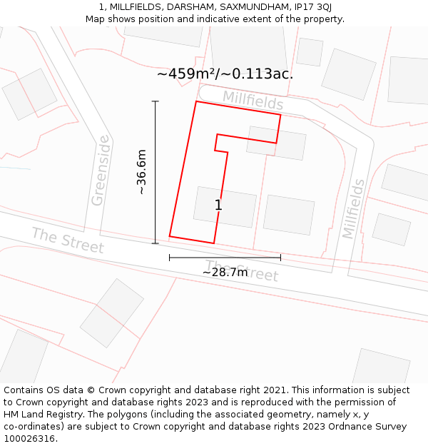 1, MILLFIELDS, DARSHAM, SAXMUNDHAM, IP17 3QJ: Plot and title map