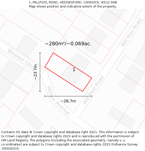 1, MILLPOOL ROAD, HEDNESFORD, CANNOCK, WS12 4AB: Plot and title map