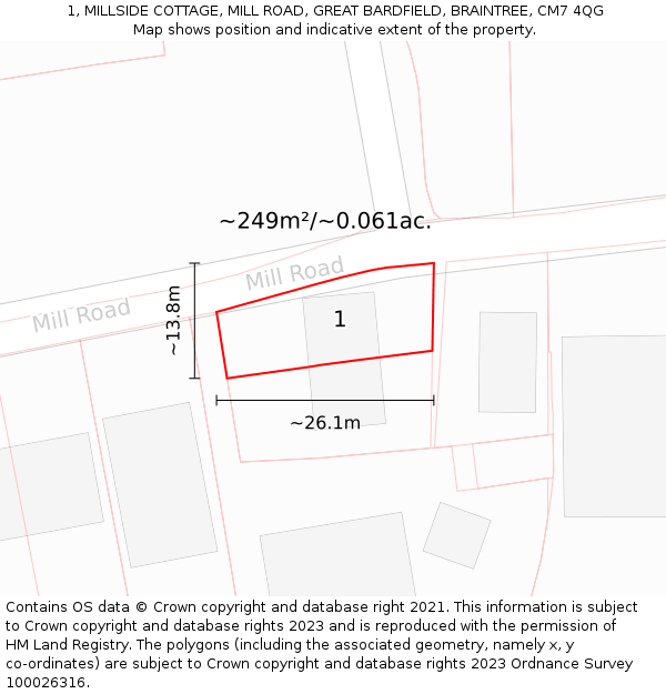 1, MILLSIDE COTTAGE, MILL ROAD, GREAT BARDFIELD, BRAINTREE, CM7 4QG: Plot and title map