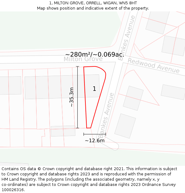 1, MILTON GROVE, ORRELL, WIGAN, WN5 8HT: Plot and title map