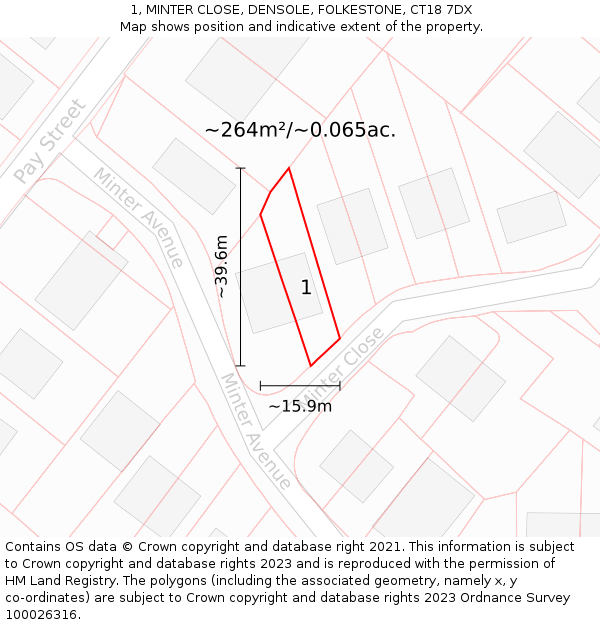 1, MINTER CLOSE, DENSOLE, FOLKESTONE, CT18 7DX: Plot and title map