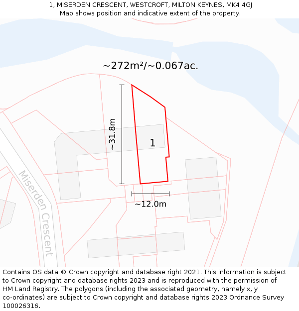 1, MISERDEN CRESCENT, WESTCROFT, MILTON KEYNES, MK4 4GJ: Plot and title map