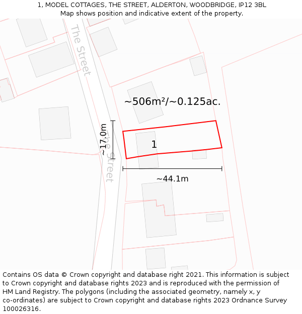 1, MODEL COTTAGES, THE STREET, ALDERTON, WOODBRIDGE, IP12 3BL: Plot and title map