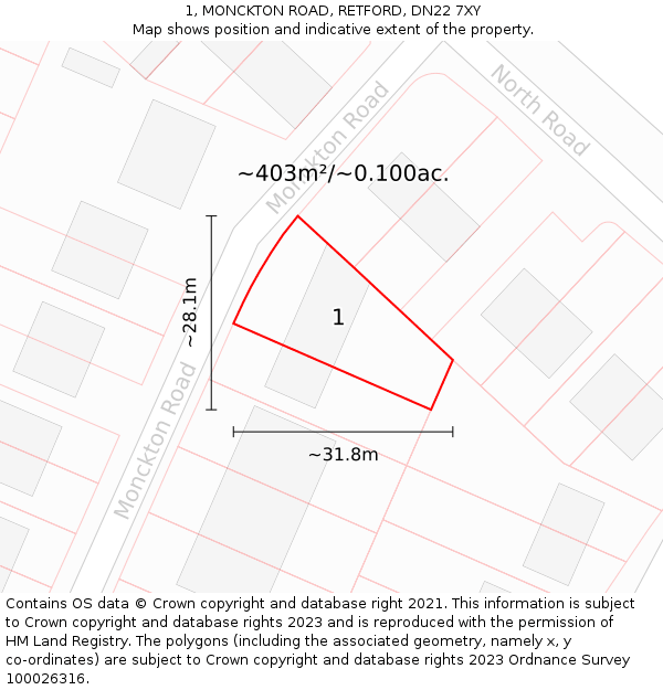 1, MONCKTON ROAD, RETFORD, DN22 7XY: Plot and title map