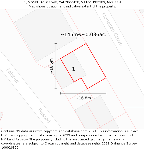 1, MONELLAN GROVE, CALDECOTTE, MILTON KEYNES, MK7 8BH: Plot and title map