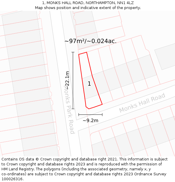 1, MONKS HALL ROAD, NORTHAMPTON, NN1 4LZ: Plot and title map