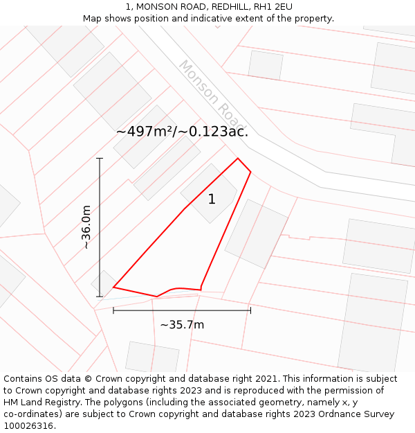 1, MONSON ROAD, REDHILL, RH1 2EU: Plot and title map