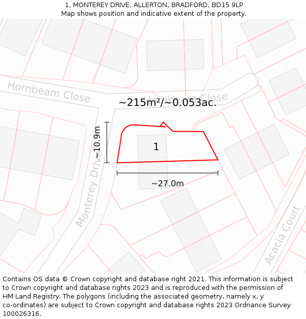 1, MONTEREY DRIVE, ALLERTON, BRADFORD, BD15 9LP: Plot and title map